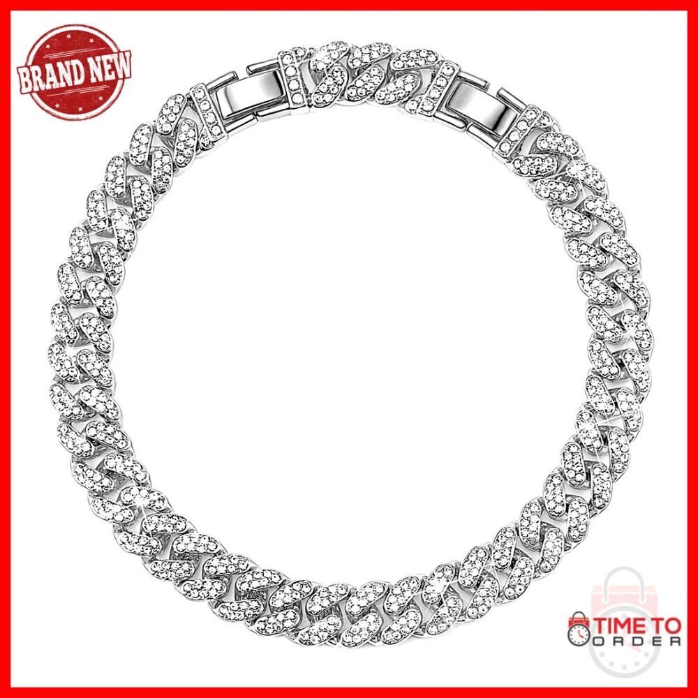 Adjustable Chunky Cuban Link Anklet with Rhinestones, 8-11 Inch